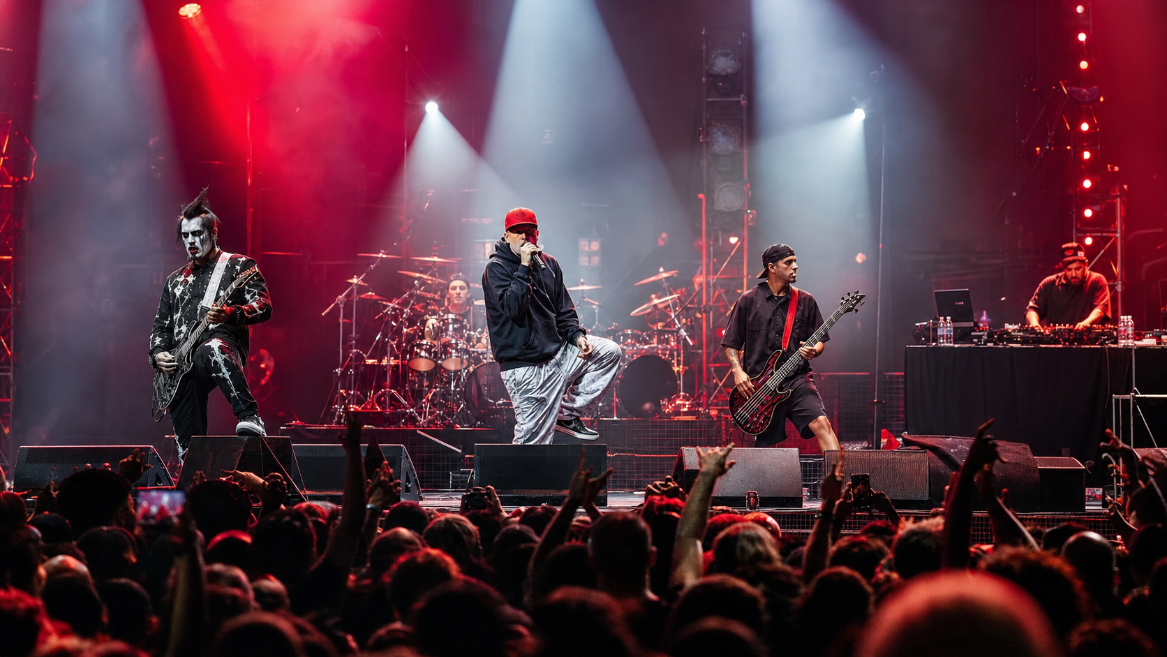 Limp Bizkit performing on a red-lit nu-metal festival stage